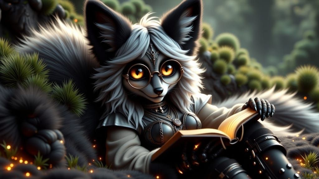 Anthropomorphic Fox Ranger Reading Book Under Pine Tree