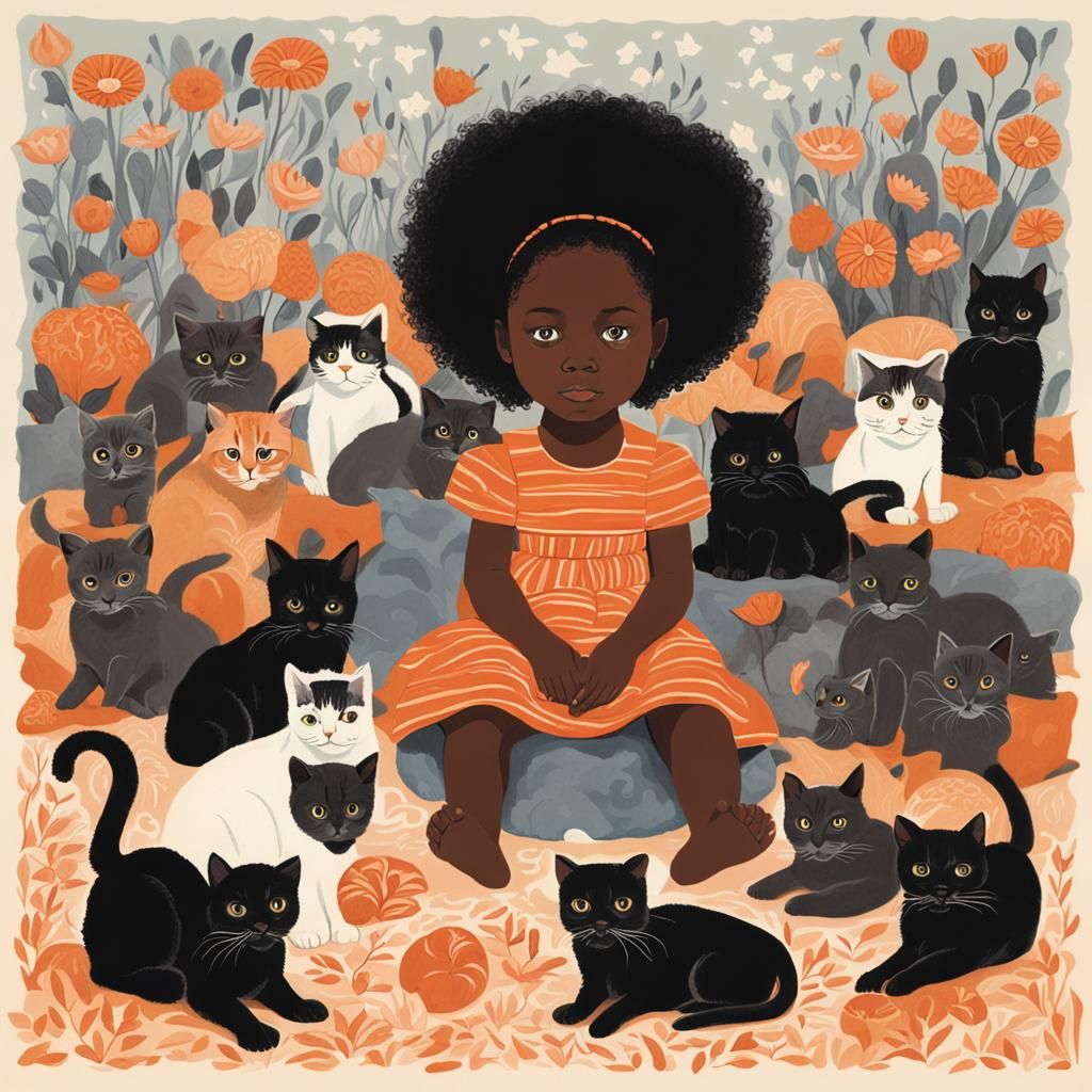 Girl Surrounded by Kittens, Vintage Illustration Art