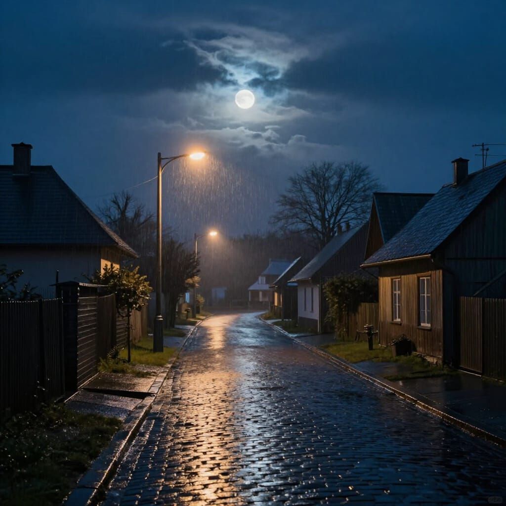 Rainy Village Nightscape with Moonlit Glow