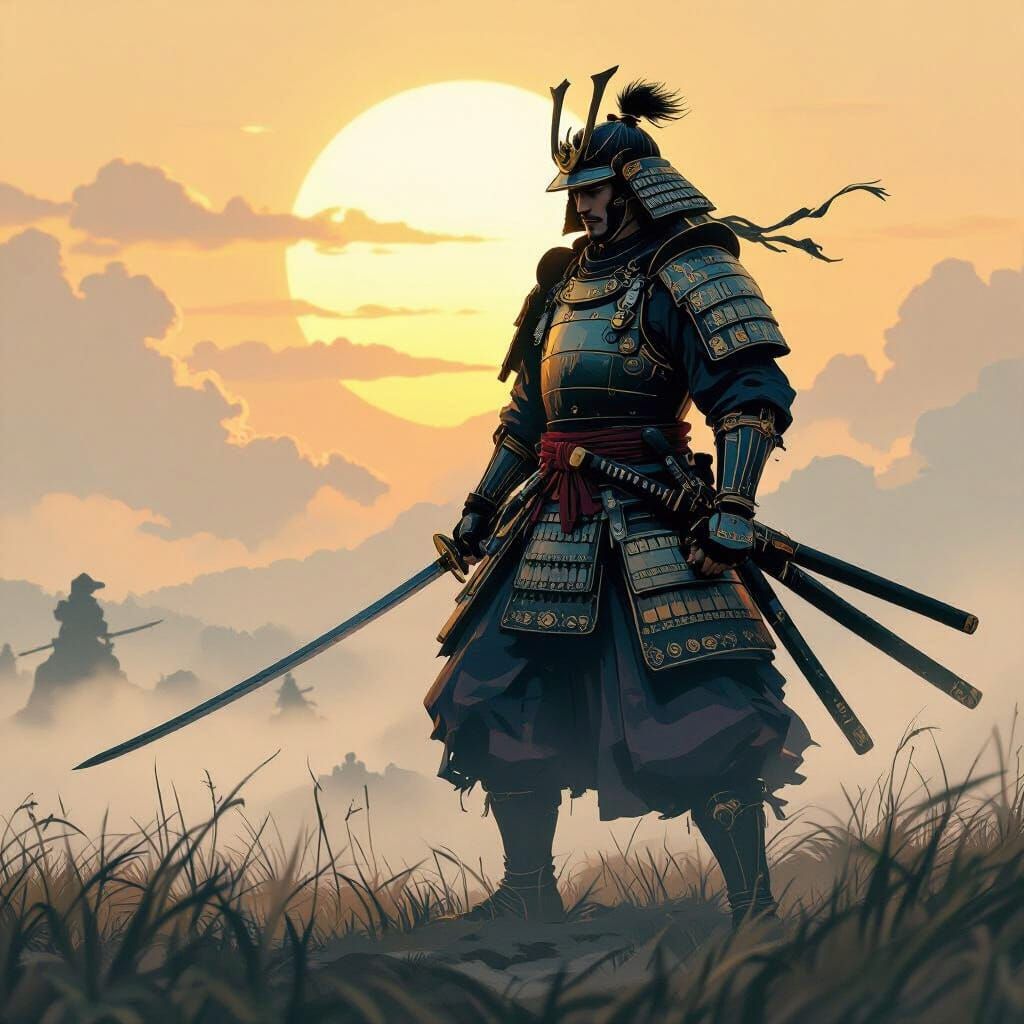 Stoic Samurai Warrior in Golden Dawn Light