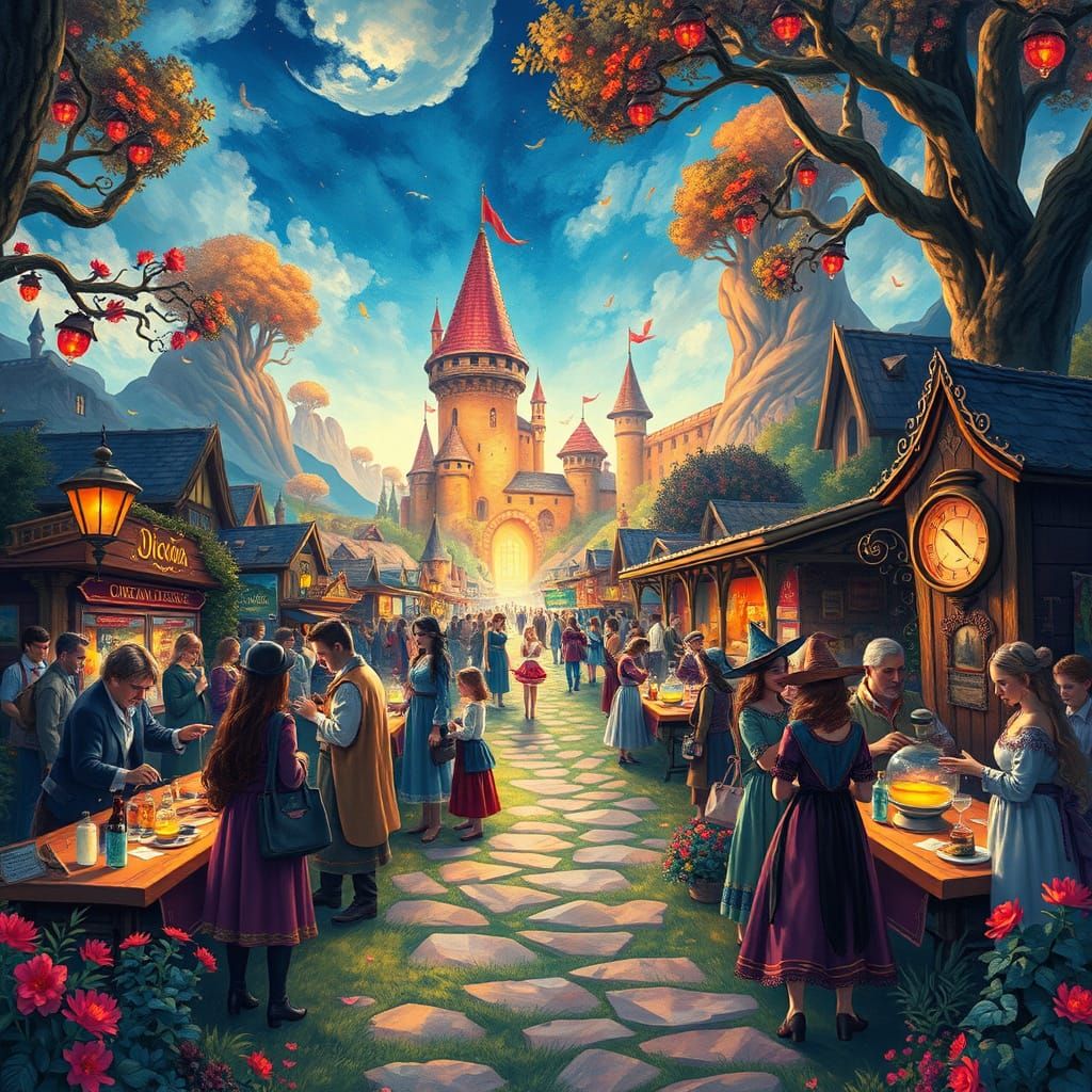 Magical Job Fair with Potion Testers in Gouache Style