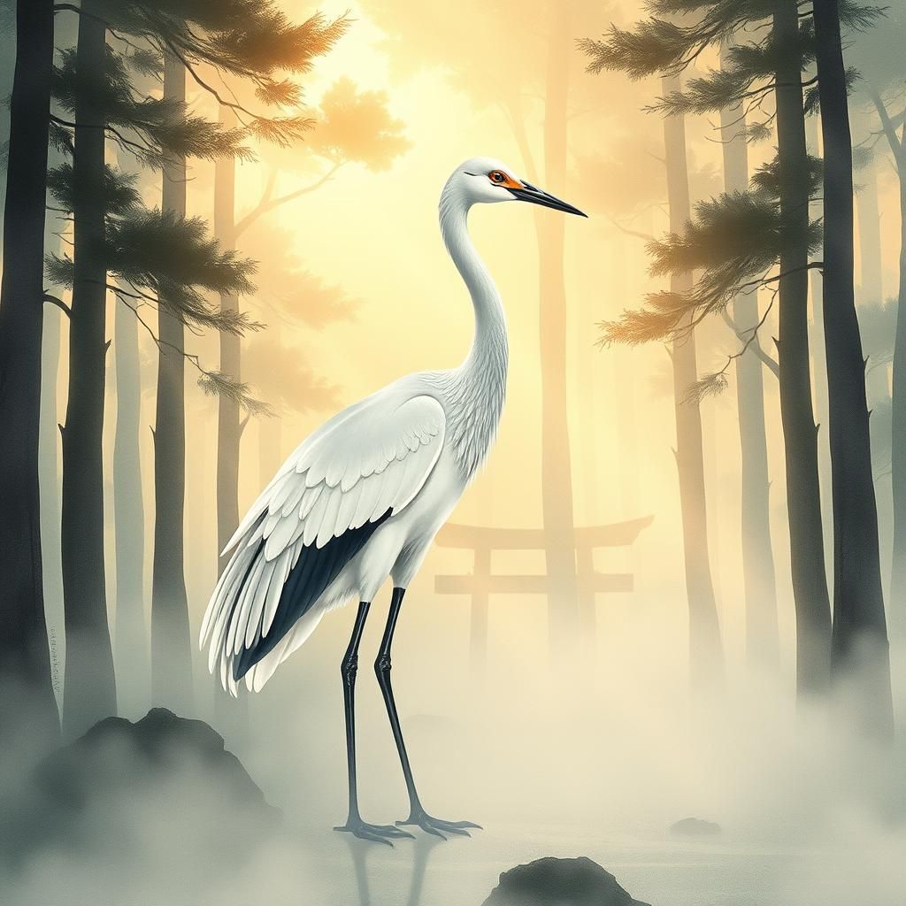 Japanese Crane in Misty Forest, Ukiyo-e Style