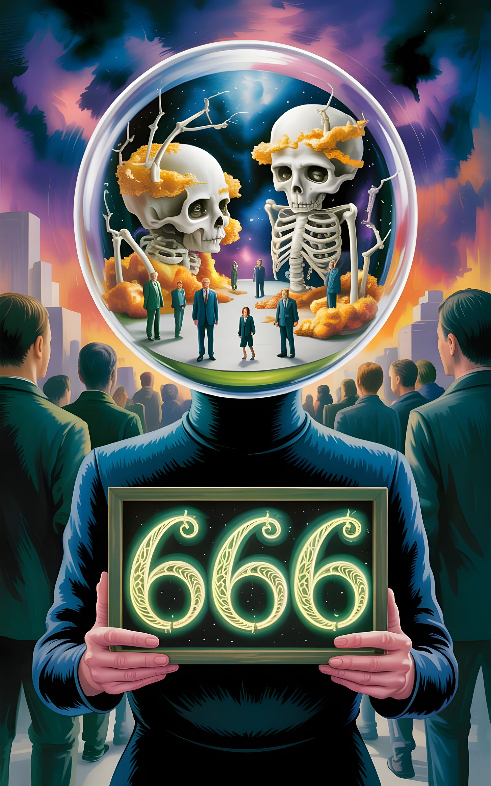 Surreal Woman with Cosmic Head Diorama and Neon Sign