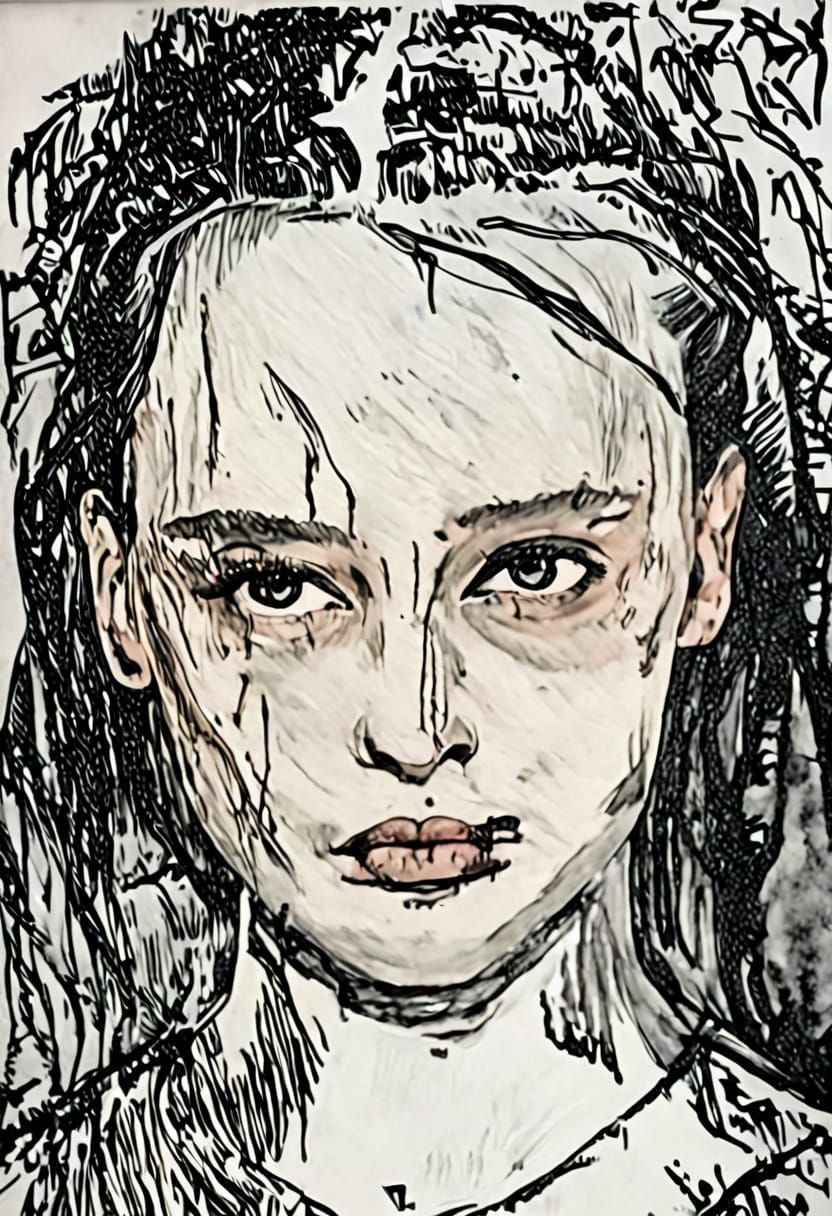 Gothgirl Portrait in High Contrast Impasto Style