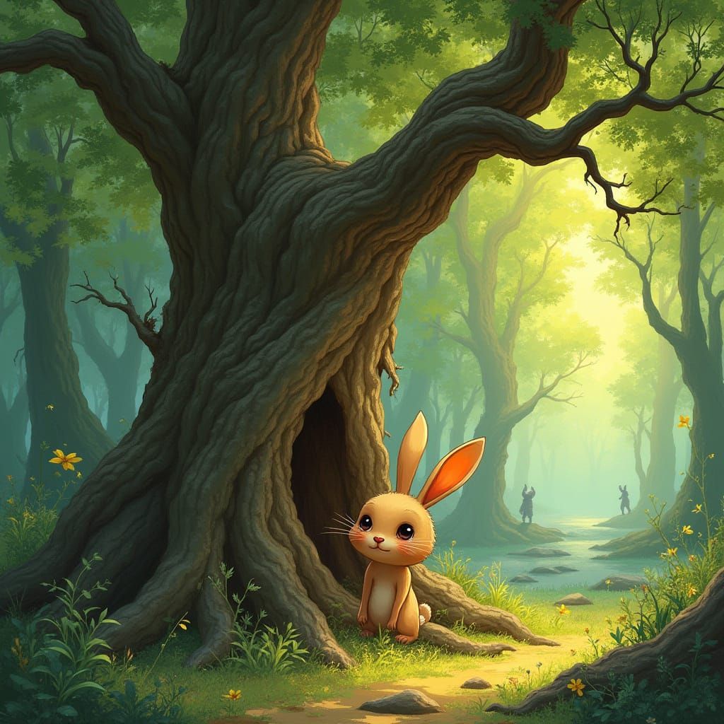 Ancient Tree Guardian in Whimsical Forest Scene