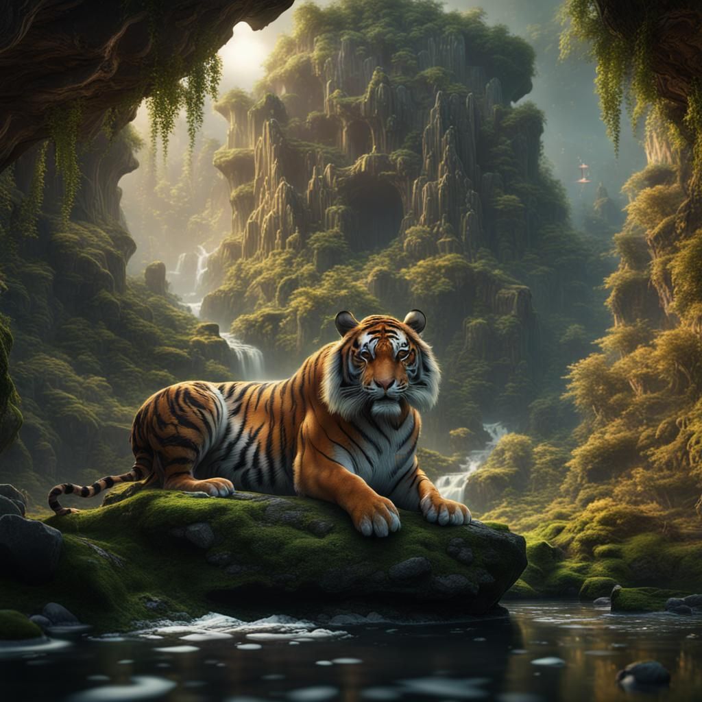 Tiger in Fairy Glen: Detailed Fantasy Art