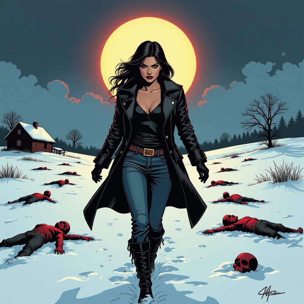 Linda Escapes Bloody Snowscape in Frank Miller Noir Style