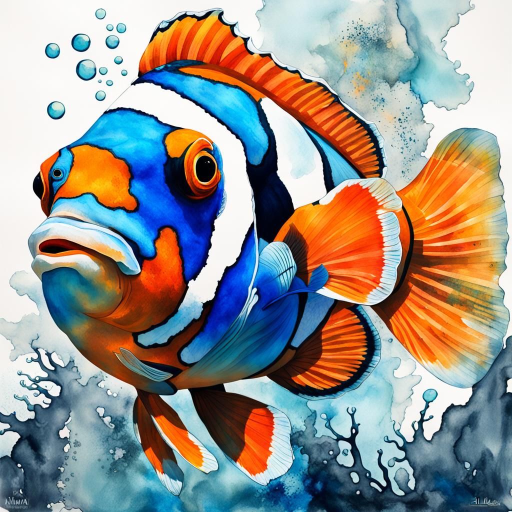 Clownfish Portrait in Double Exposure Watercolor