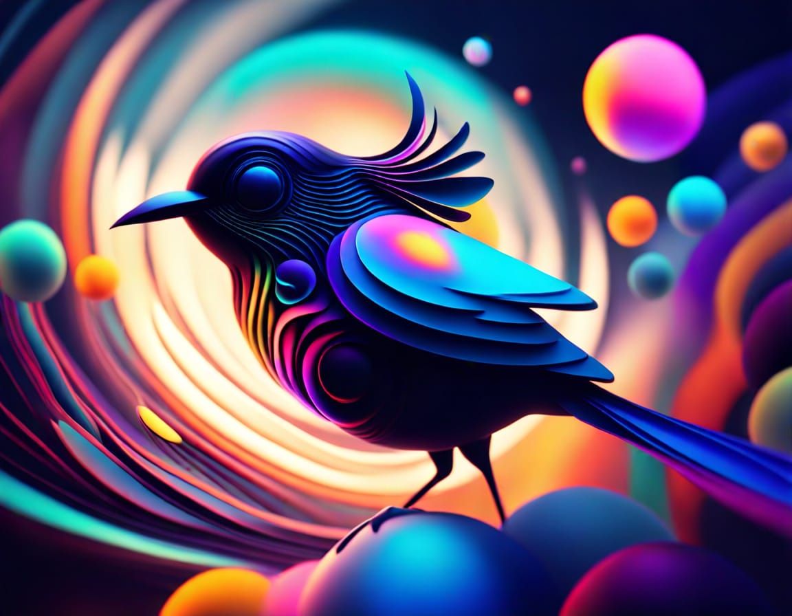 Dreamlike Surrealist Scene with Iridescent Bird in Flight