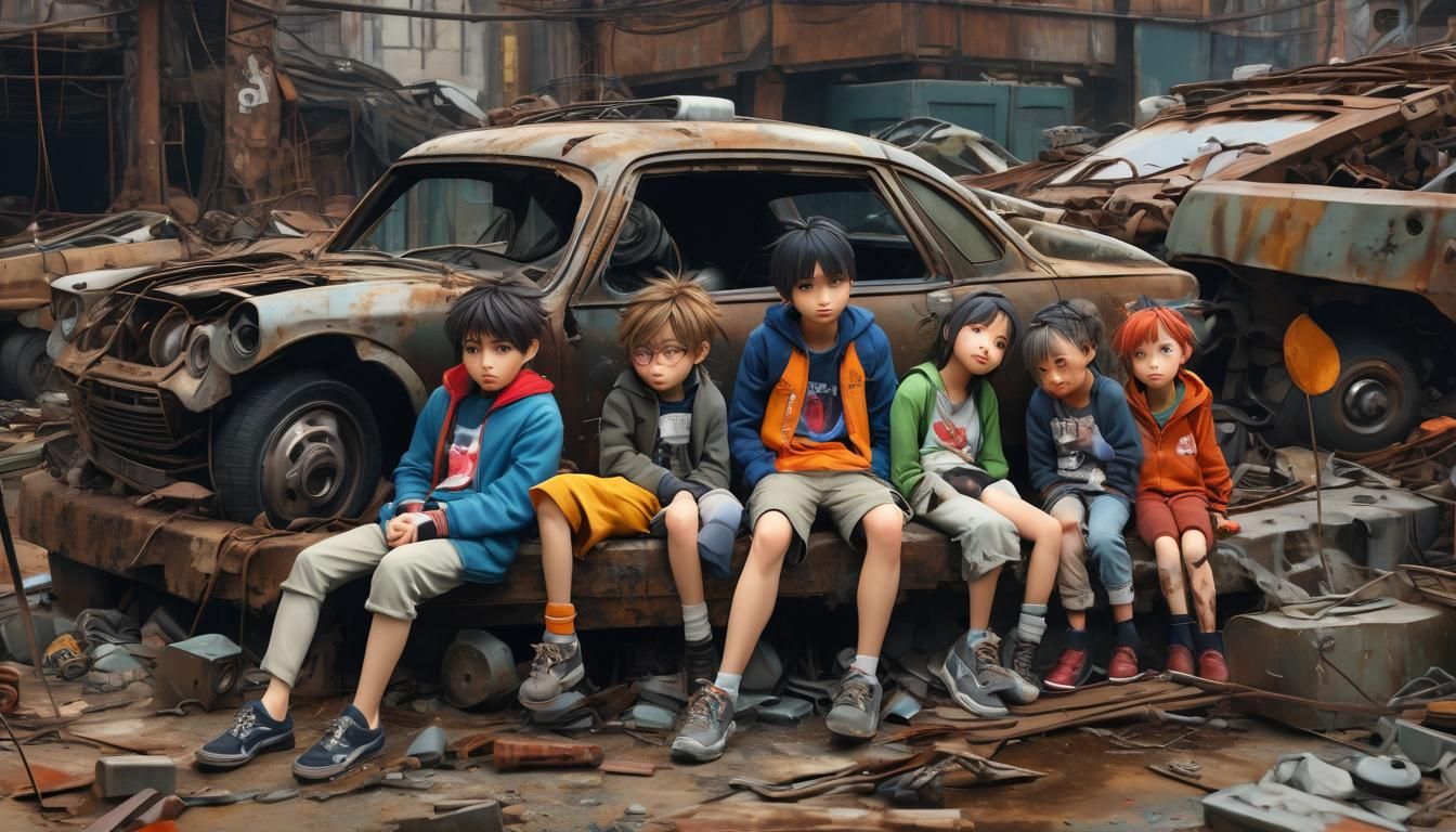 Anime Style Children in Dimly Lit Salvage Yard