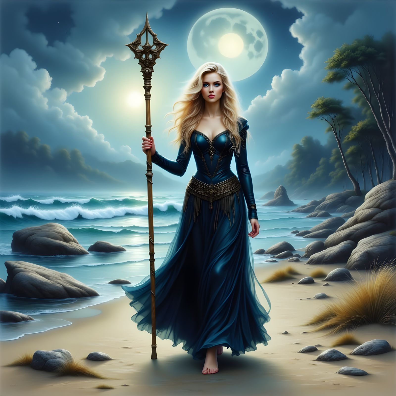 Norse Goddess Walks Foggy Beach in Impasto Style