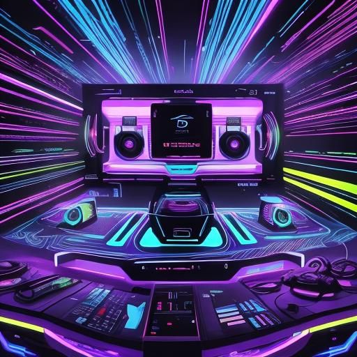 Gaming Console Surrounded by Neon Soundwaves