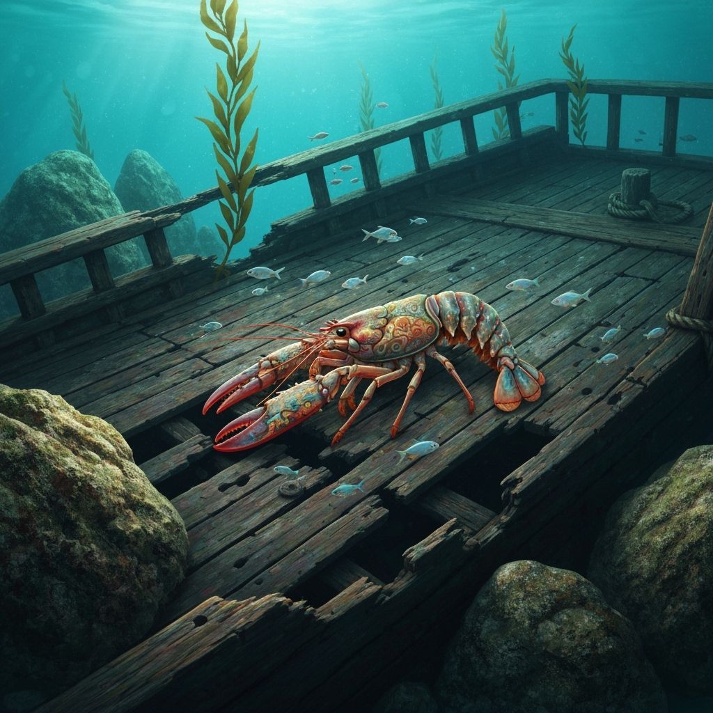 Iridescent Lobster Explores Shipwreck Deck in Vibrant Art