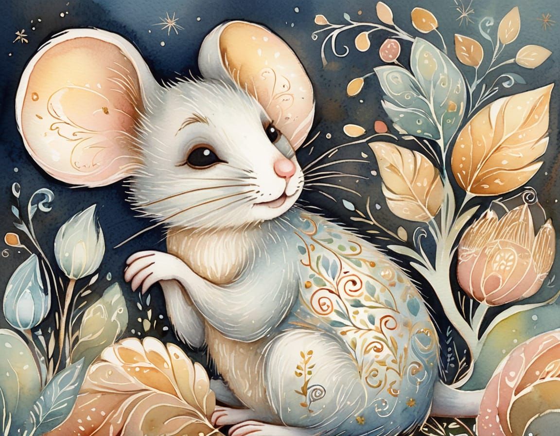 Shy Mouse in Watercolor Folk Art Style