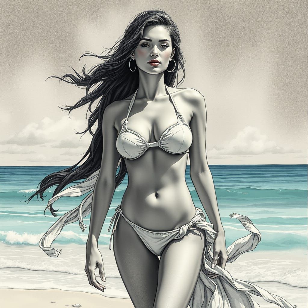 Sea Woman on Beach in Charcoal Drawing Style