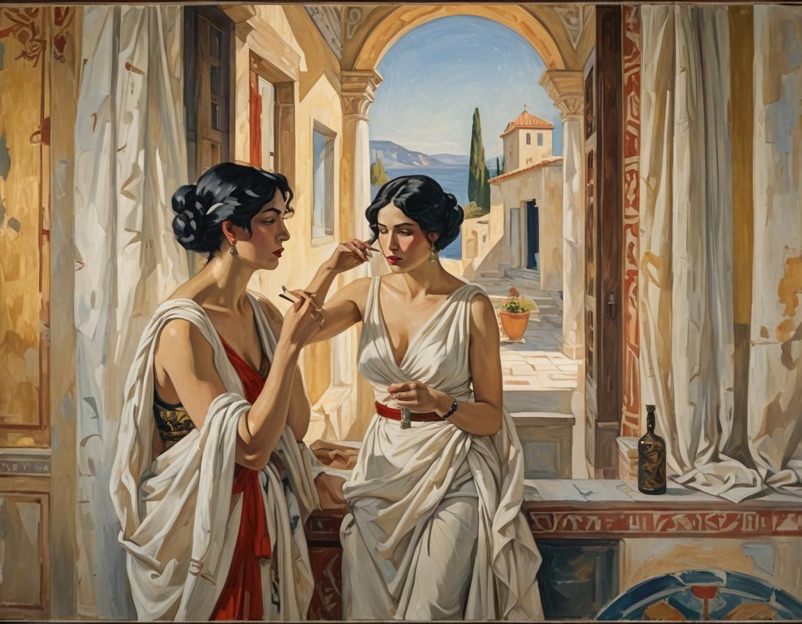 Greek Woman Smoking in Impressionist Style