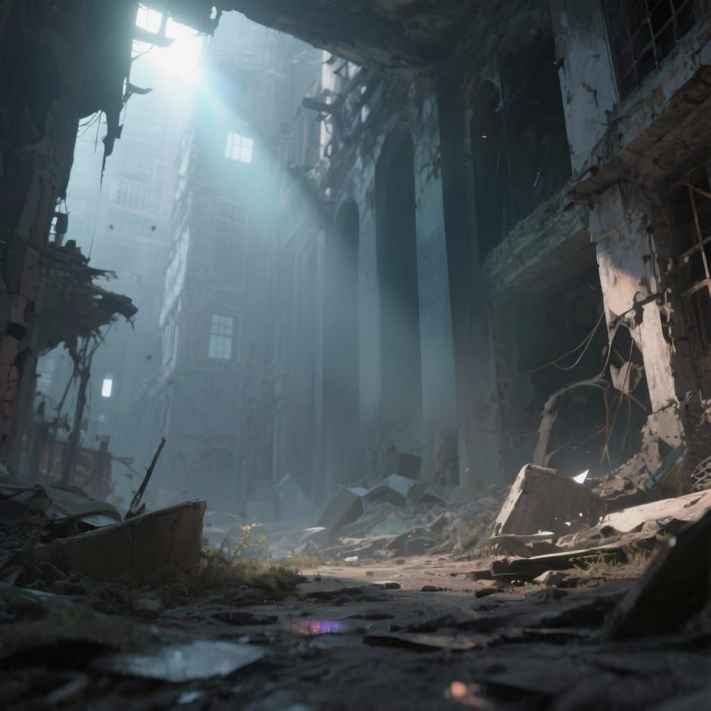 Iridescent Butterfly in Ruined City, Hope Amidst Decay