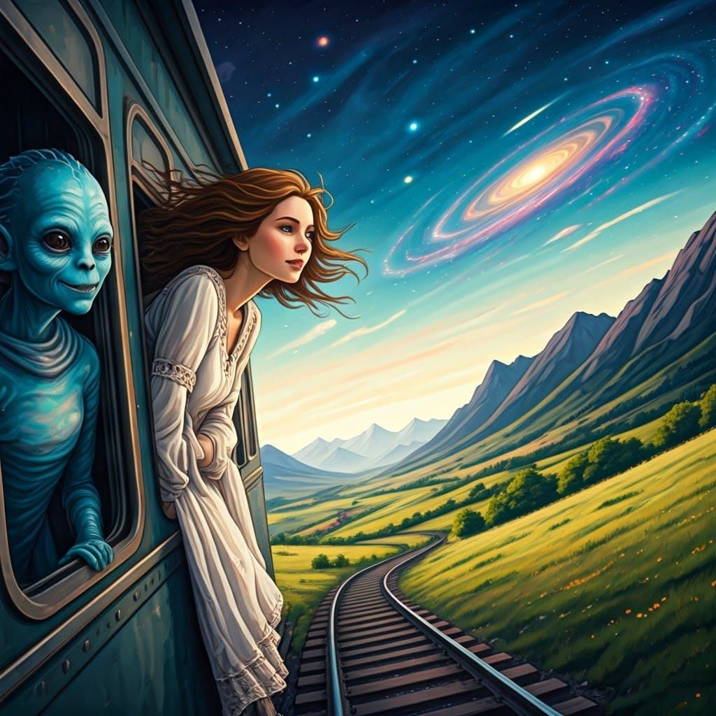 Whimsical Train Window Scene with Alien Encounter