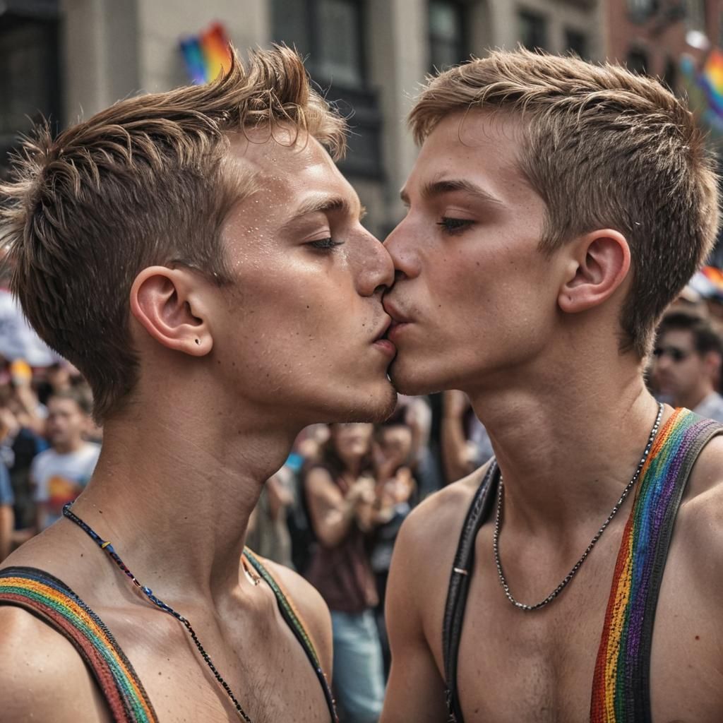 Boys Kissing at Pride Parade in Hyperrealistic Style