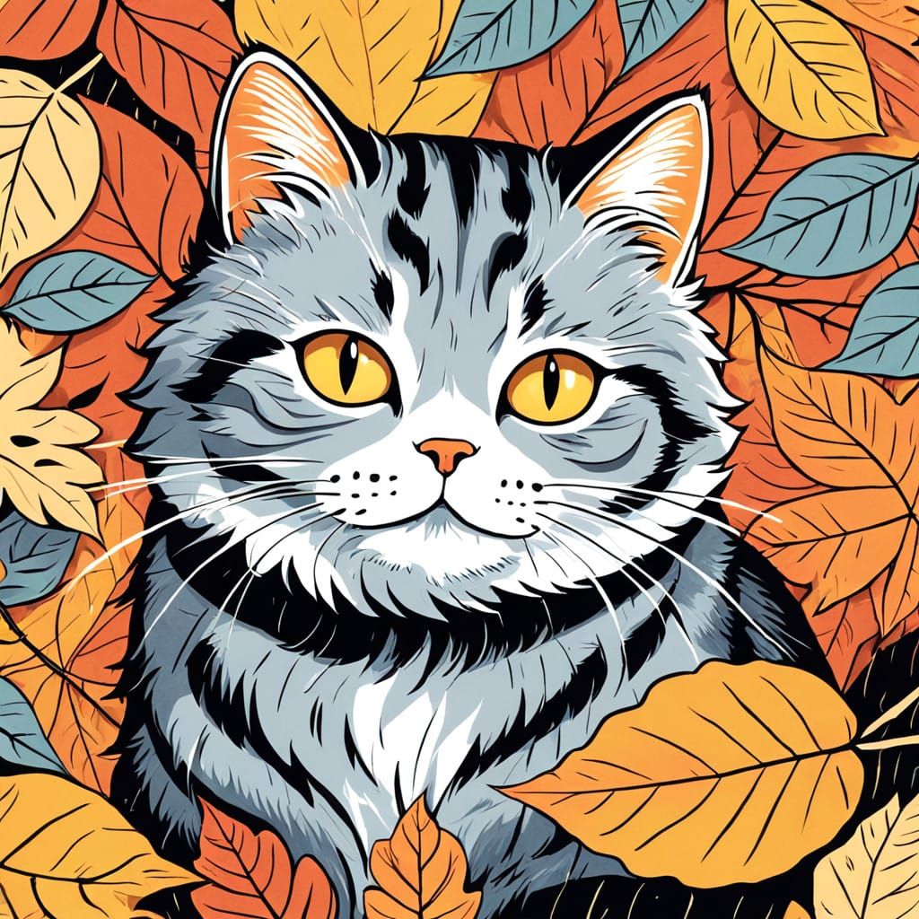 Serene Gray Cat in Whimsical Autumn Scene