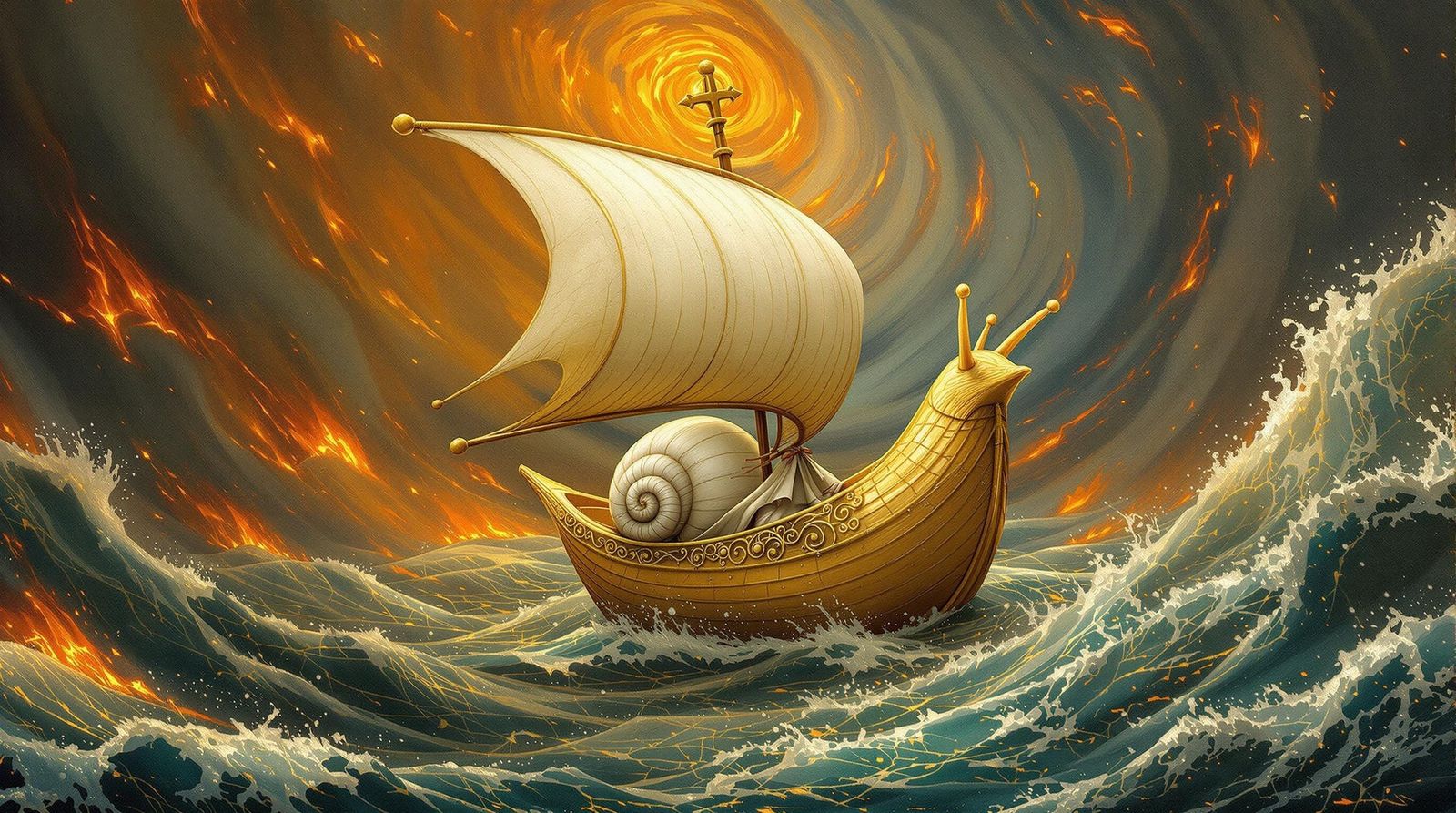 Escargot Icarus Sailing Flaming Sea as Baroque Art