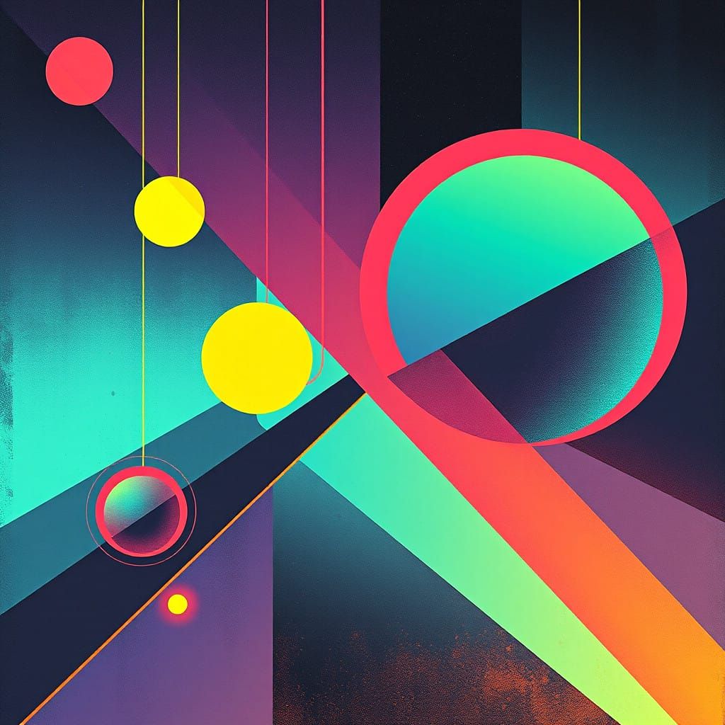 Retro Futuristic Abstract Artwork with Neon Geometric Shapes