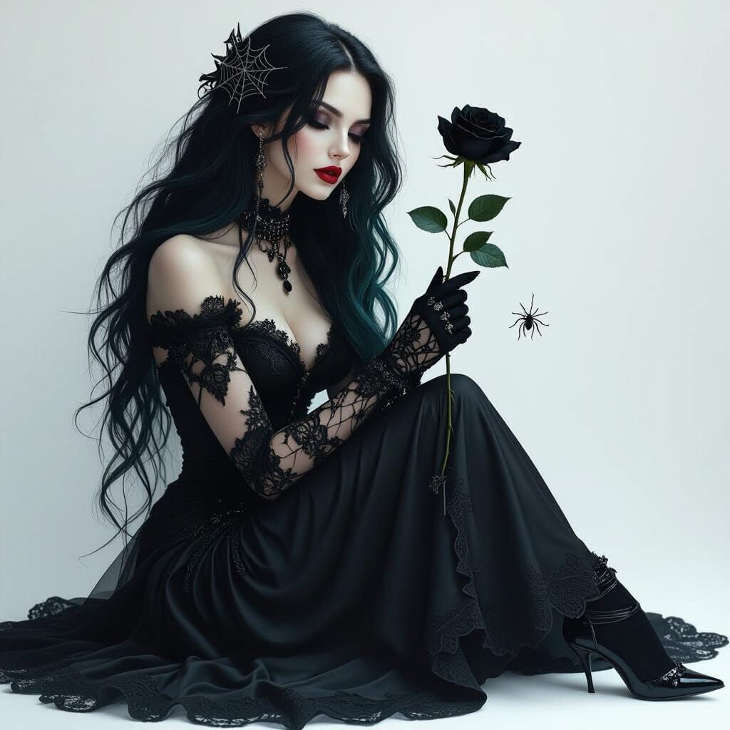 Gothic Enchantress with Black Rose in Ethereal Style