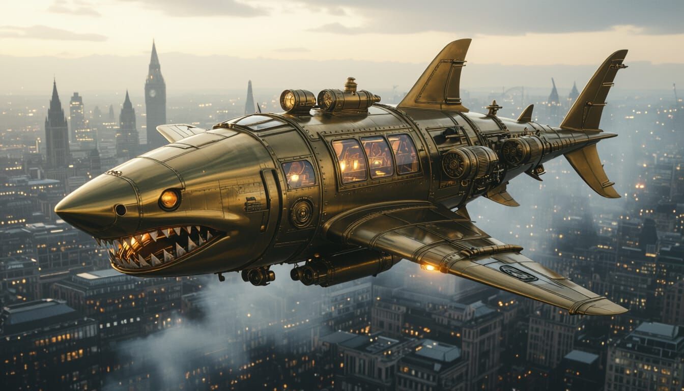 Steampunk Shark Aircraft Over Smoky London