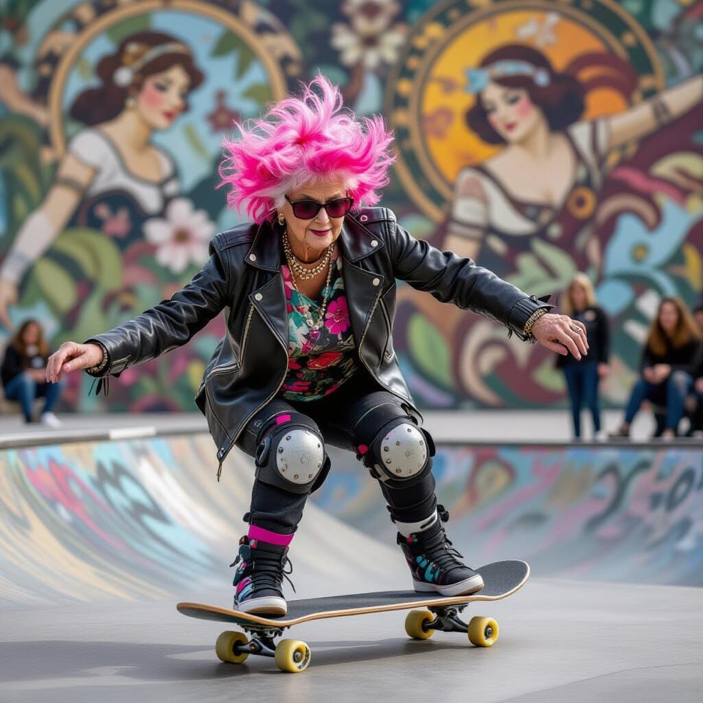 Elderly Woman Shreds on Skateboard in Art Nouveau Style