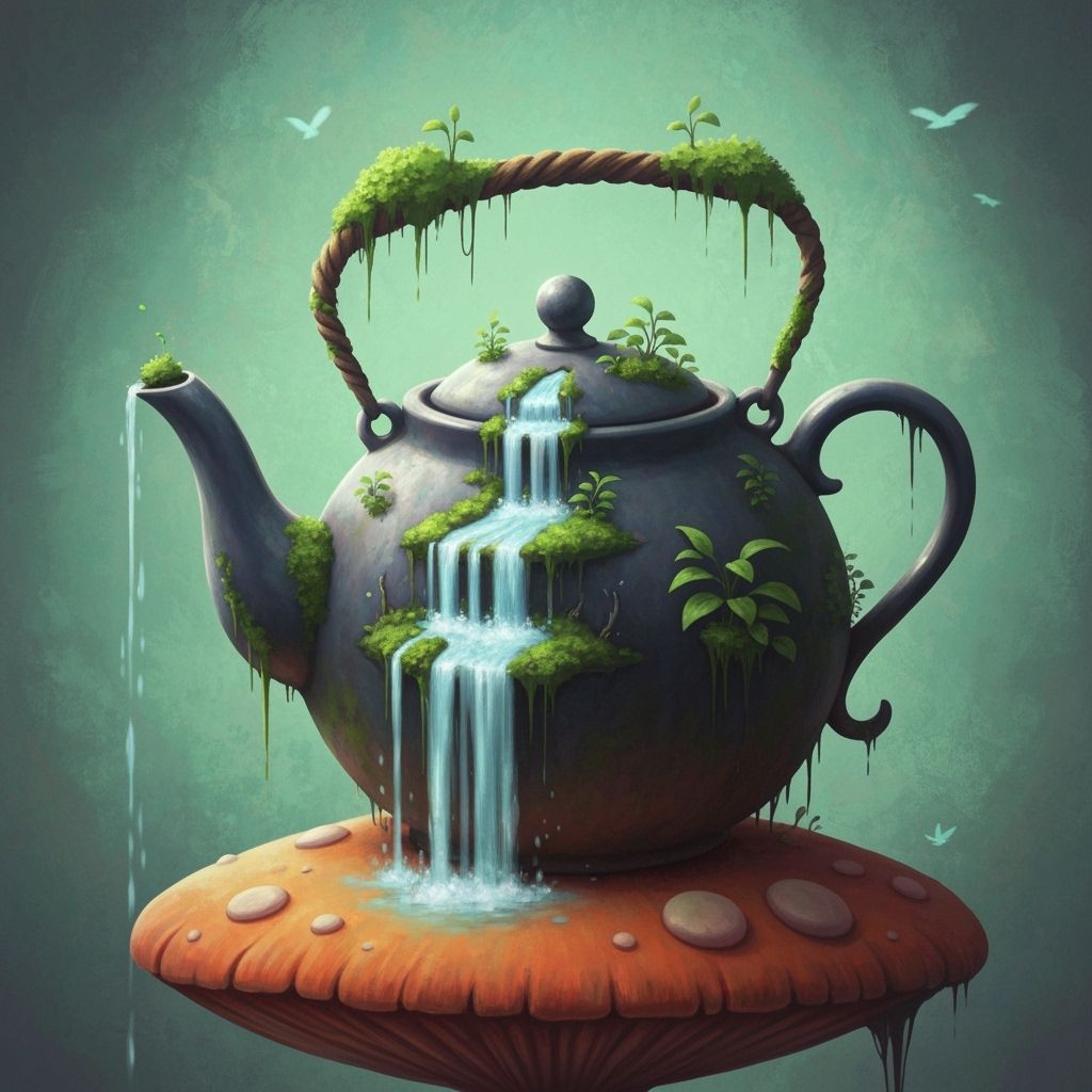 Surreal Teapot Ecosystem on Mushroom, Fantasy Illustration