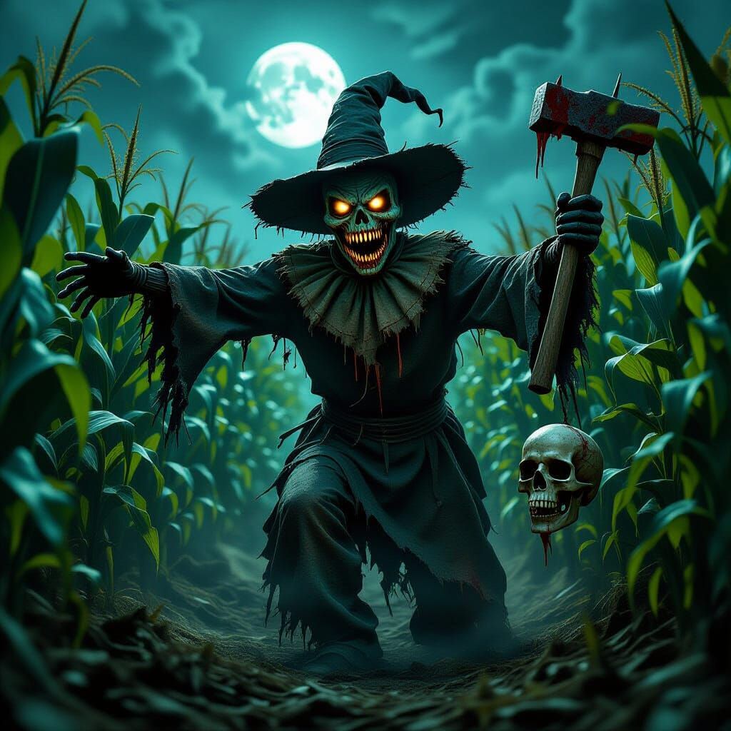 Undead Scarecrow Charges From Corn Maze With Skull and Hamme...