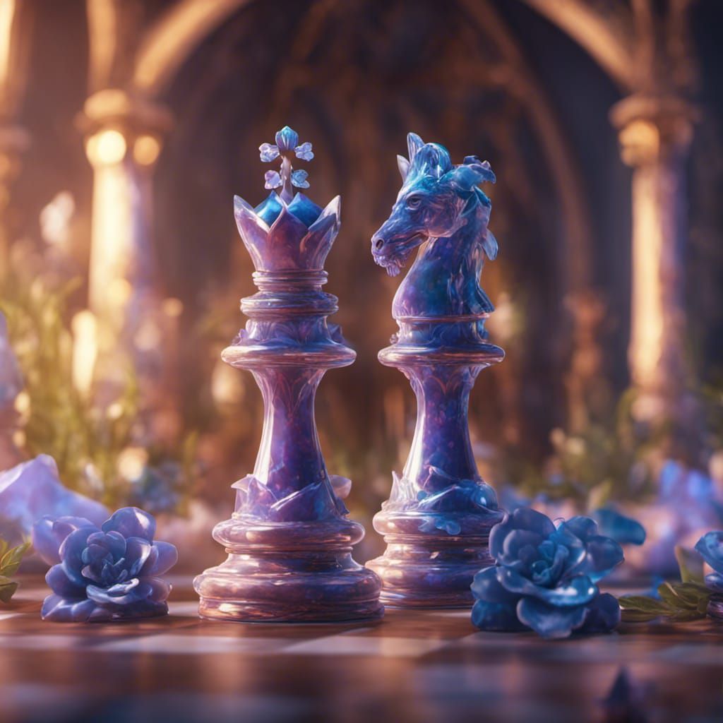 Opal and Sapphire Chess Pieces in Magical Setting