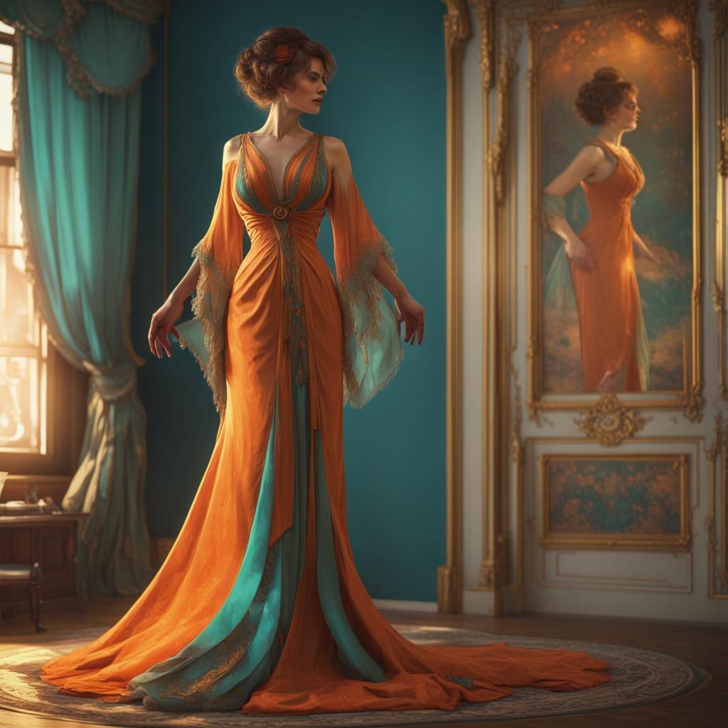 Elegant Vintage Dress Concept Art in Art Nouveau Style