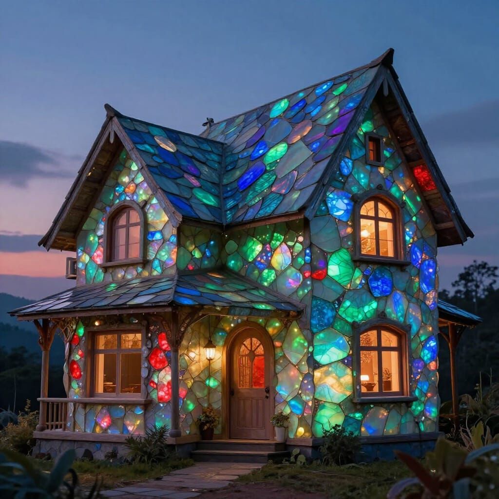 Whimsical Opal House Ethereal Glow Surreal Art
