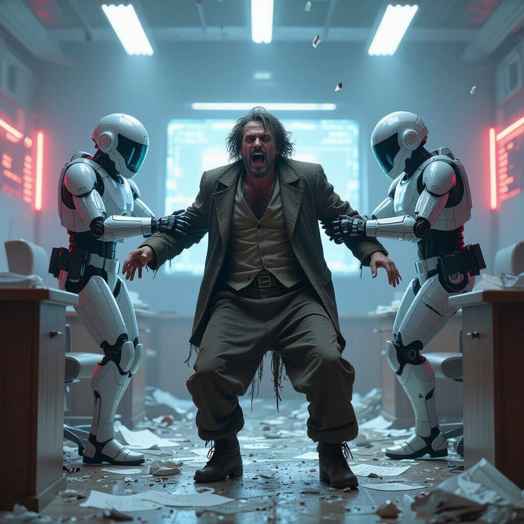 Dystopian Sci-Fi Courtroom Scene with Tramp and Robots