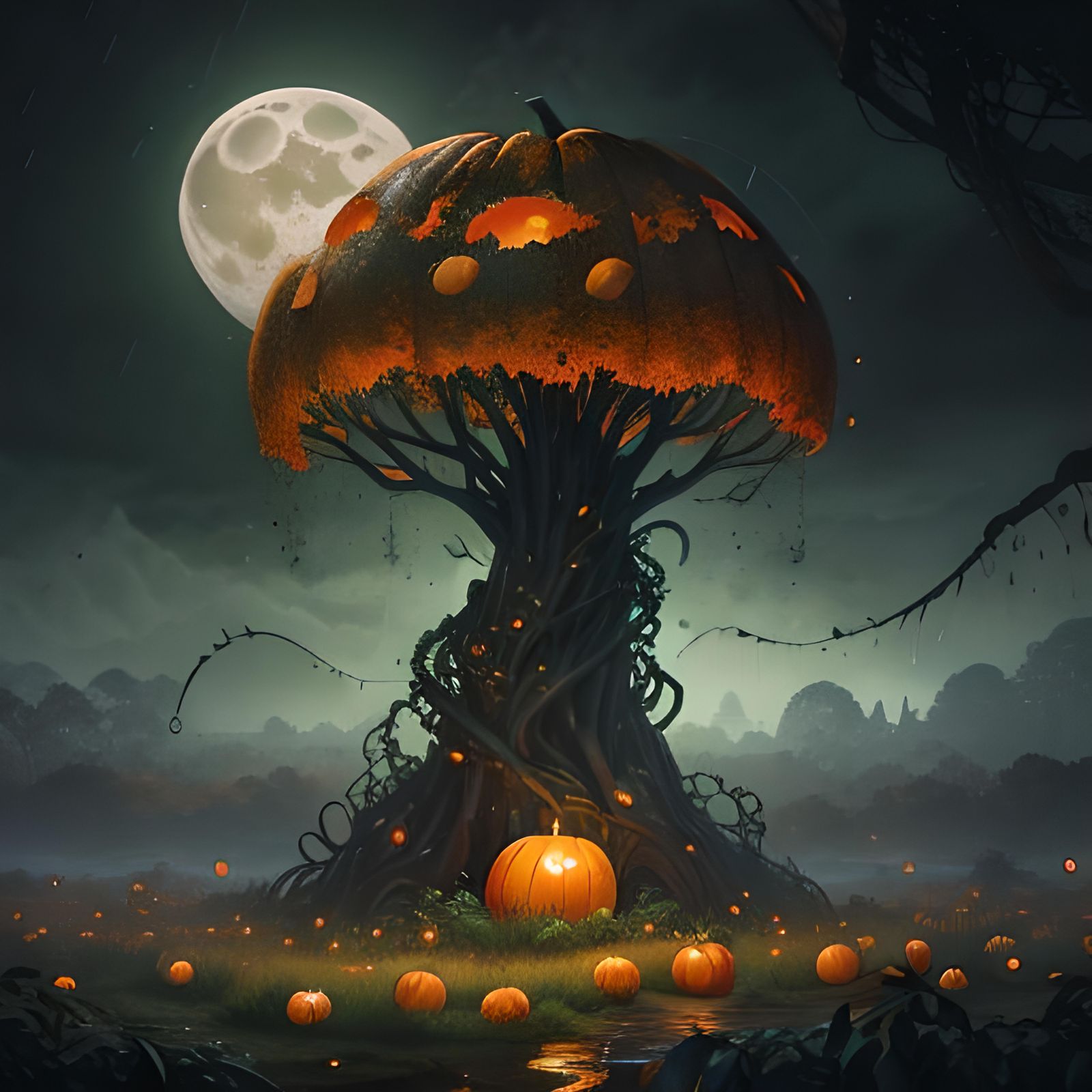 Moonlit Pumpkin Patch with Fireflies: Fantasy Concept Art