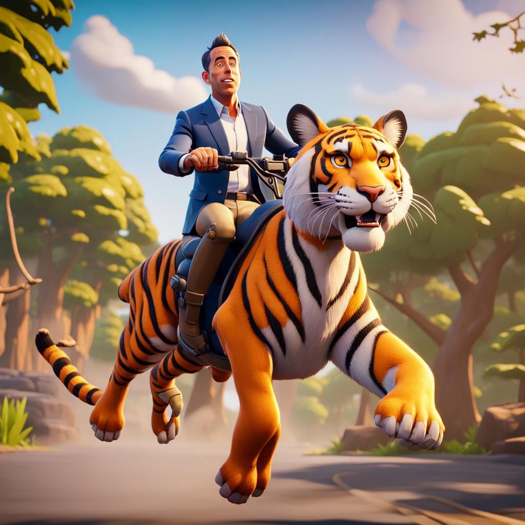 Jerry Seinfeld Rides a Tiger in Fortnite