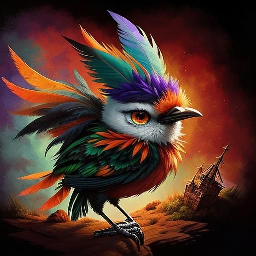 Gothic-Punk Baby Bird with Mohawk in Fairytale Scene