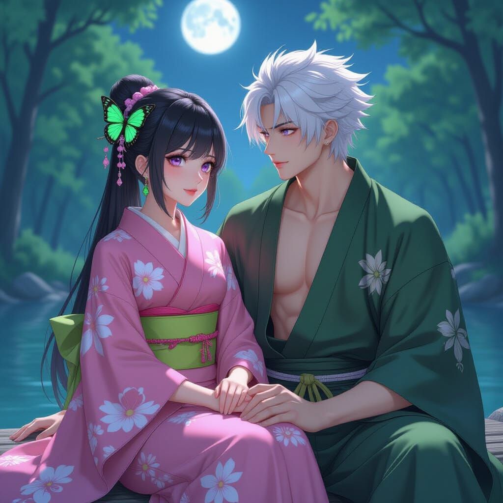 Romantic Anime Couple Gazing at Moonlight