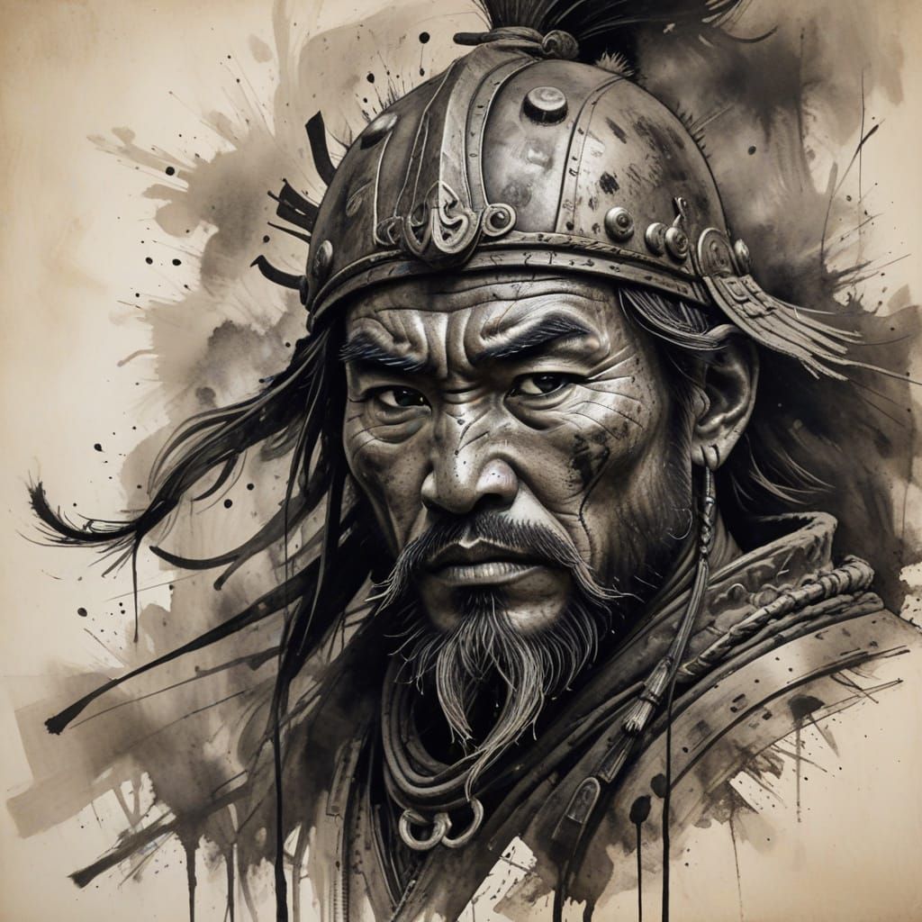 Expressive Mongolian Warrior Sketch in Charcoal