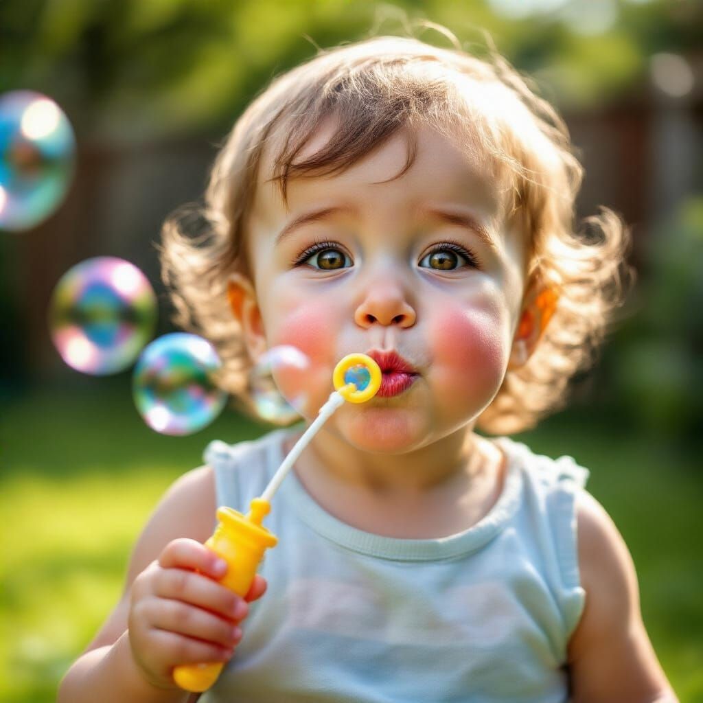 Cute Toddler Blowing Bubbles on Summer Day