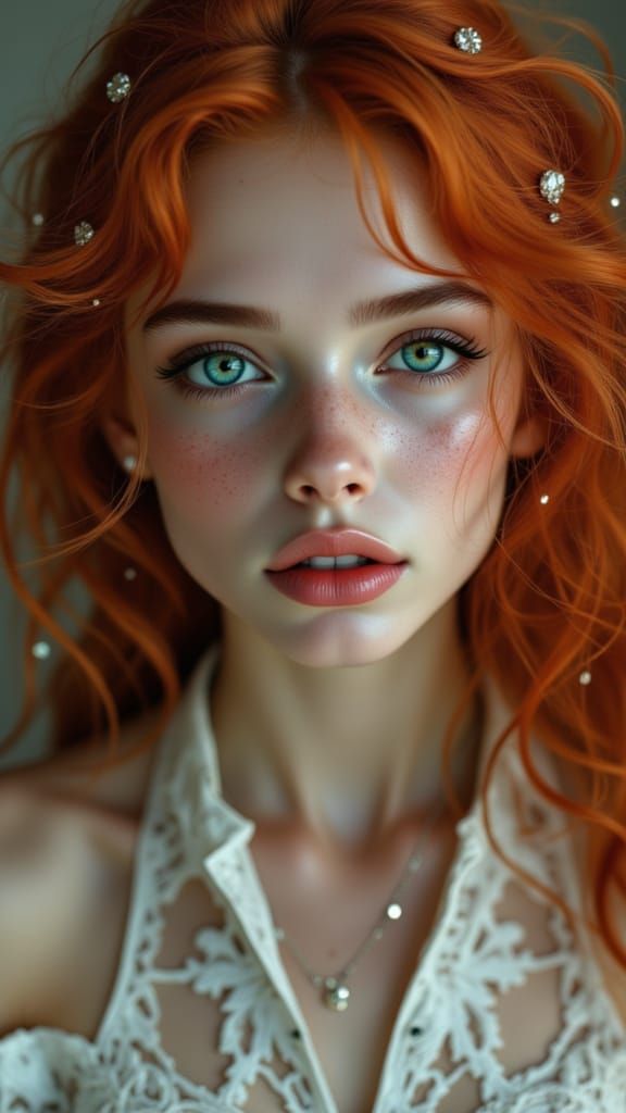 Ethereal Woman With Red Curls and Sad Eyes