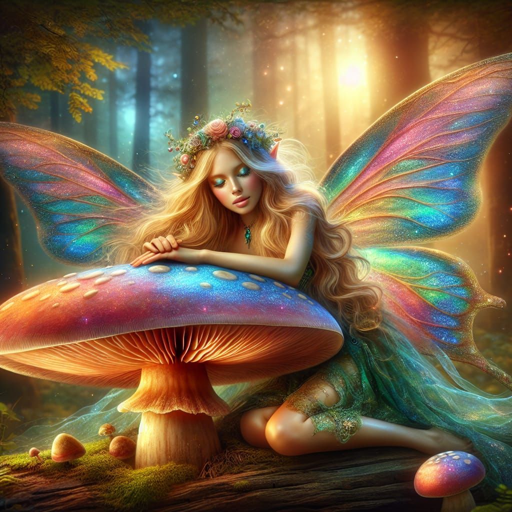 Enchanting Fairy on Magical Mushroom in Forest