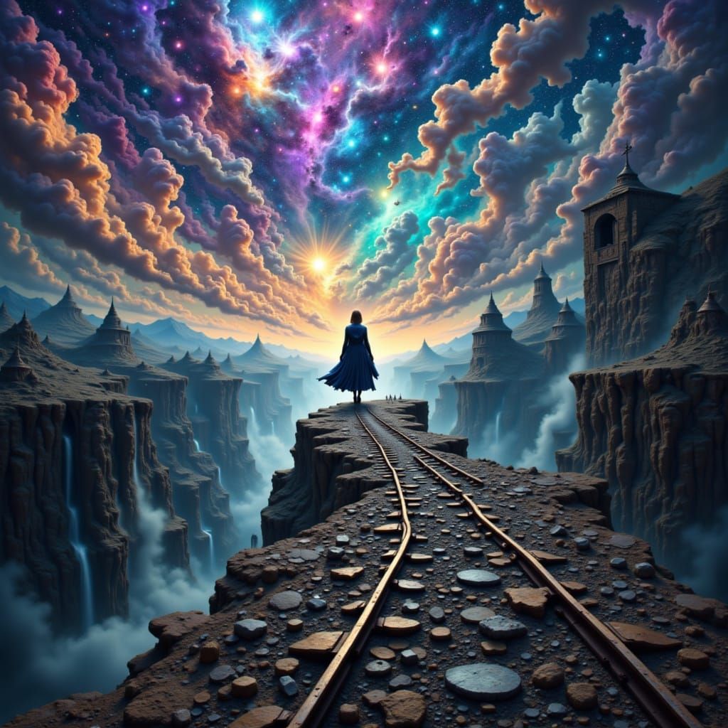 Woman Gazes at Nebula from Cliff Edge with Cosmic Train Trac...