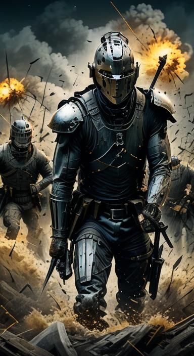 Knight in Dark Armor Raises Sword on Battlefield