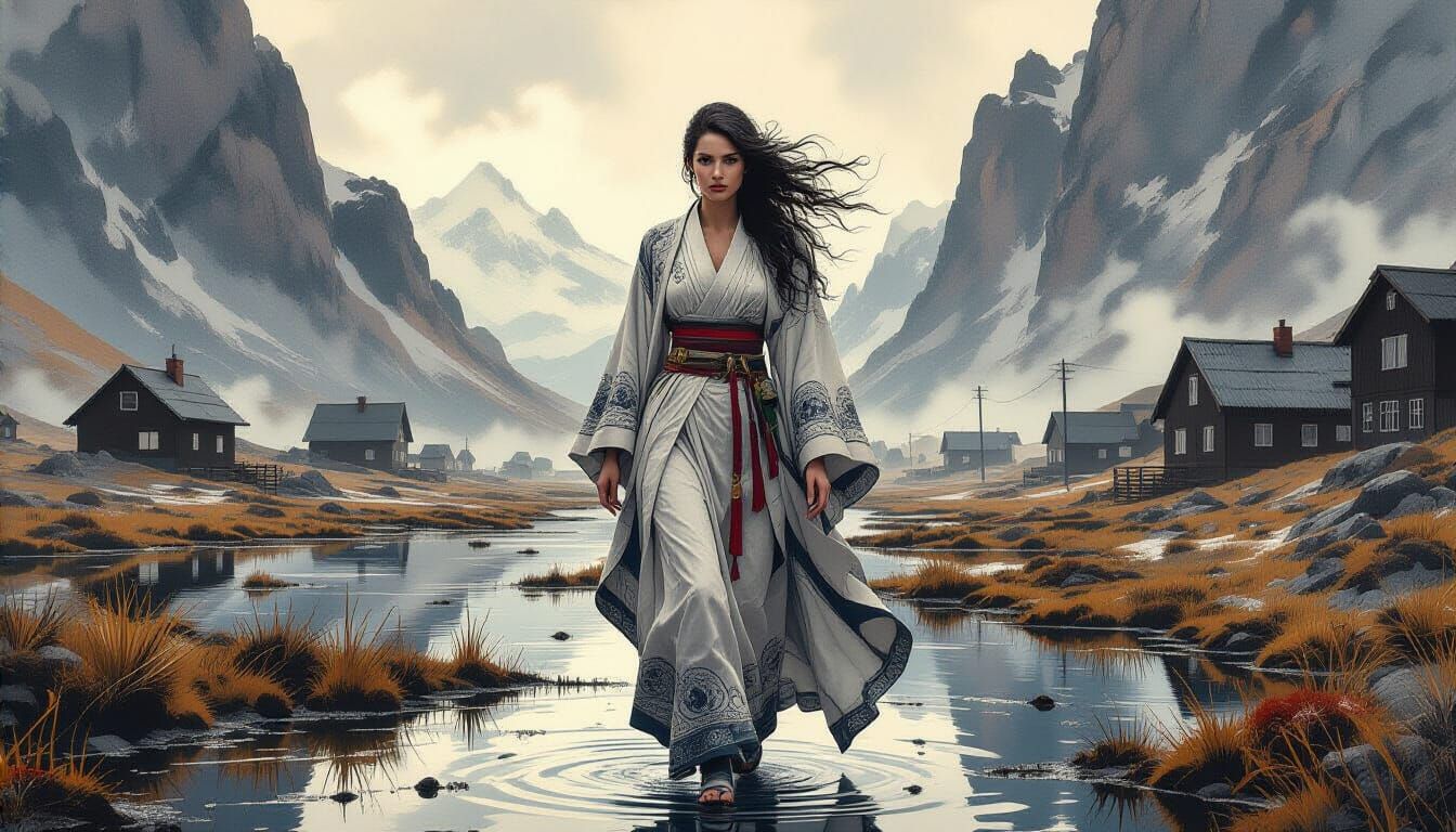 Woman in Windswept Robes in Stark Landscape