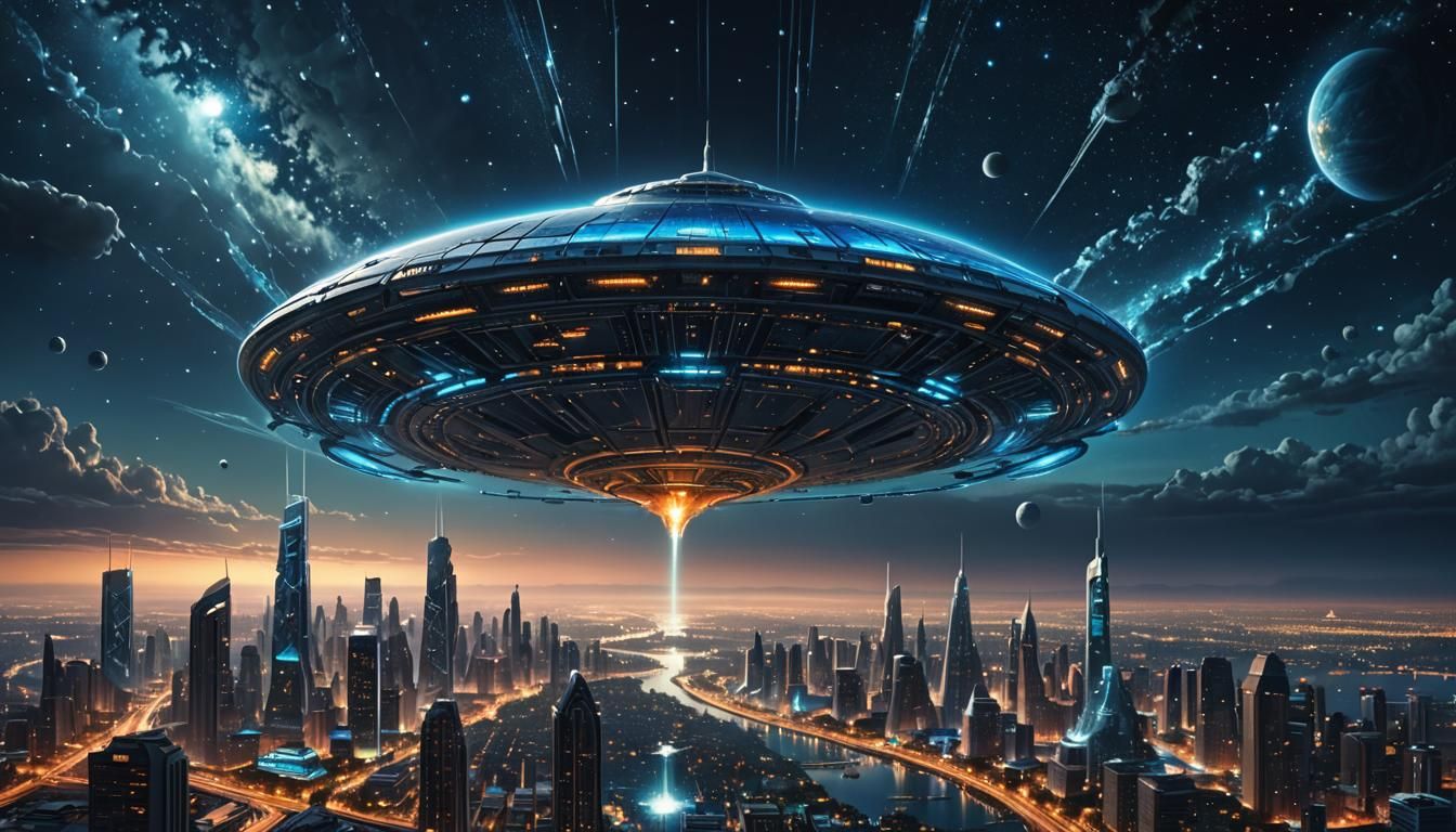 Futuristic Alien Spaceship Approaching Earth