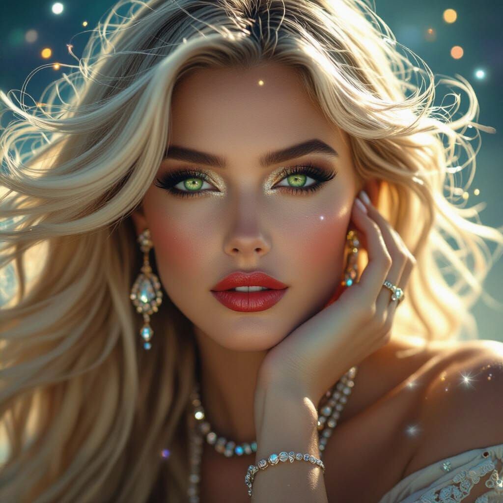 Goddess with Flowing Hair and Cosmic Background