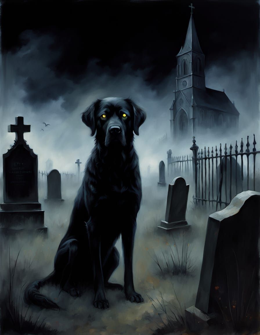 Spectral Black Dog in Foggy Cemetery, Encaustic Impressionis...