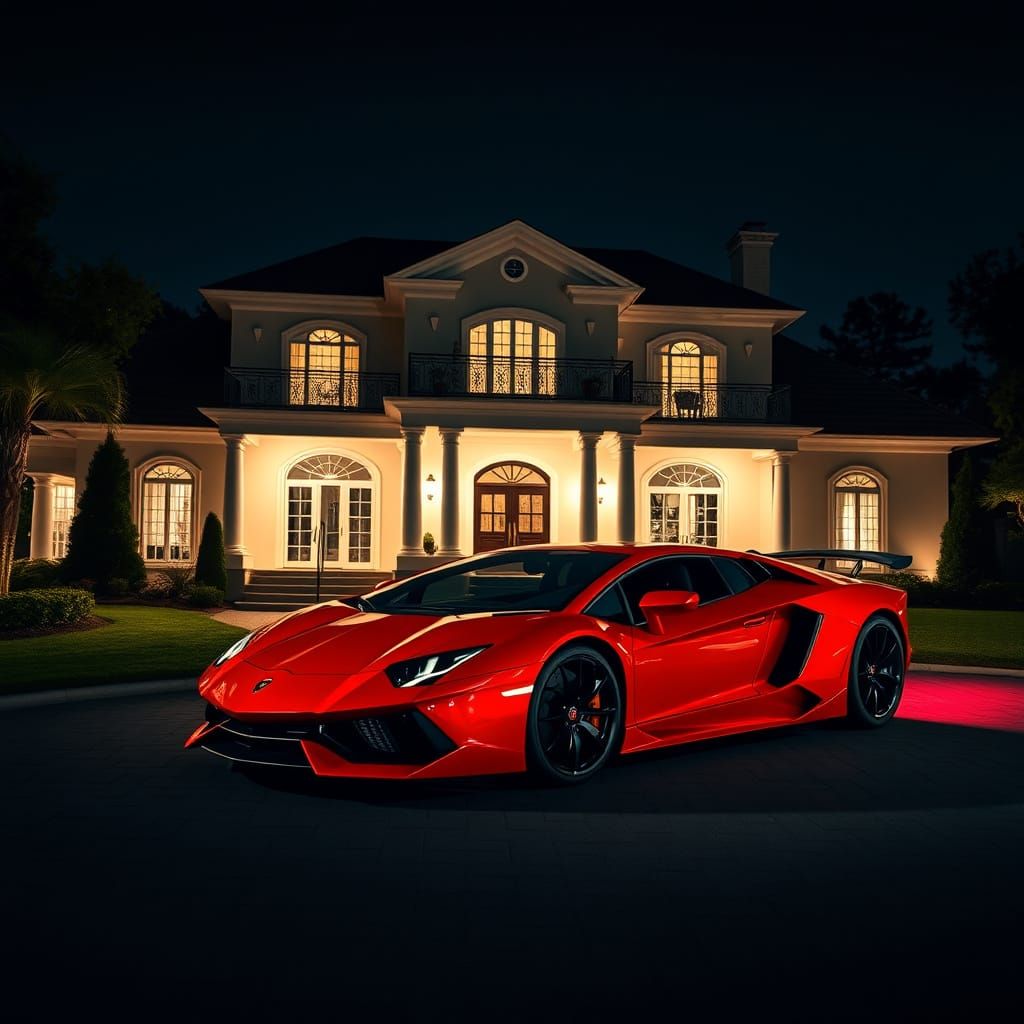 Mansion with Red Lamborghini at Night